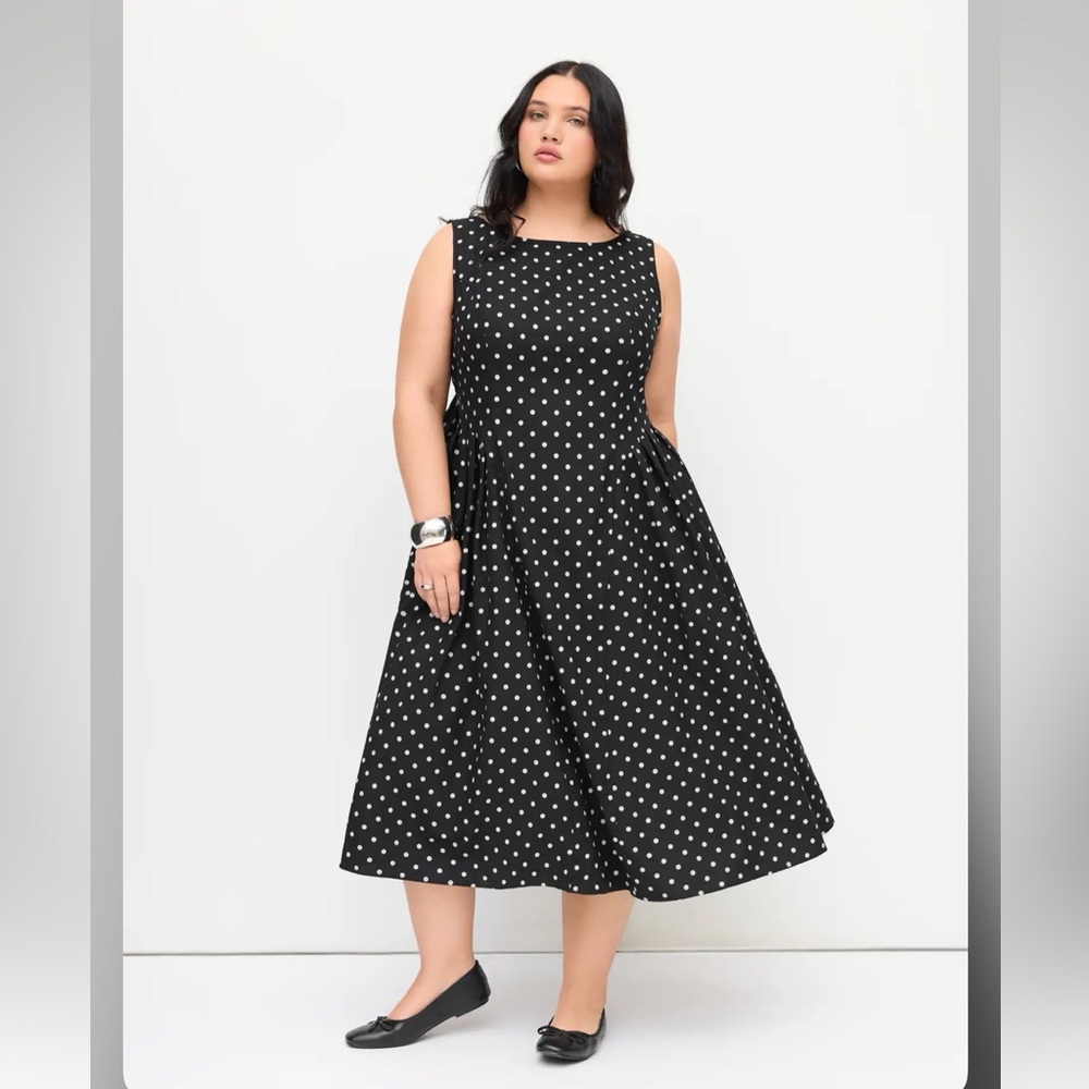 Cider LINEN-BLEND BOAT NECK POLKA DOT BACKLESS BOWKNOT MIDI DRESS CURVE & PLUS